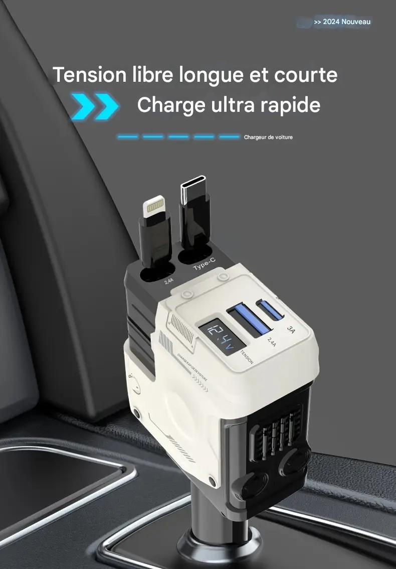 Câble de Charge Super-Rapide Rétractable 4 en 1 pour Voiture